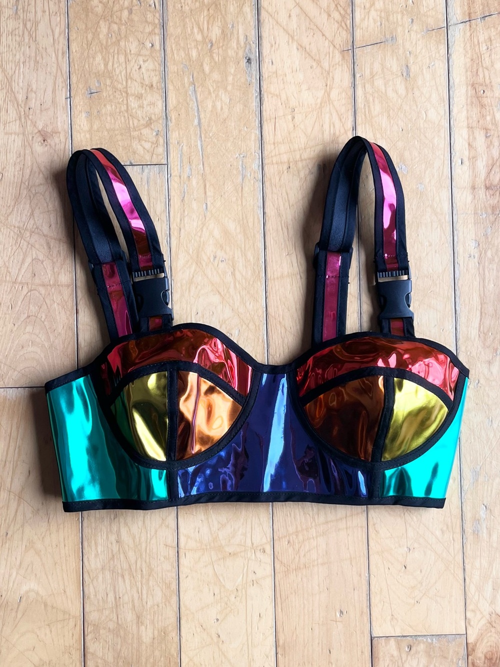 Club Exx Rainbow Holographic Patent Bustier Crop Top Size Small